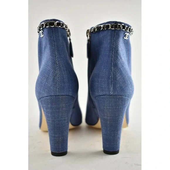 Chanel 20C Blue Denim Fabric Black Chain CC Logo Short Ankle Heel Boot Bootie 38 - Picture 11 of 12